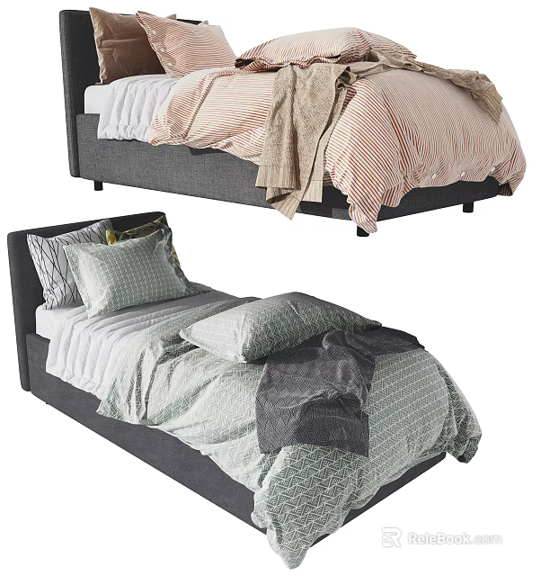 Cozy Single Bed with Striped Quilt Beige Blanket and Light Green Bedding Pillows 3d model 