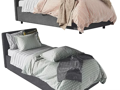 Cozy Single Bed with Striped Quilt Beige Blanket and Light Green Bedding Pillows 3d model