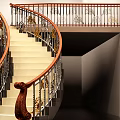 Elegant Spiral Staircase With Ornate Red Railings And Light Colored Steps 3d model