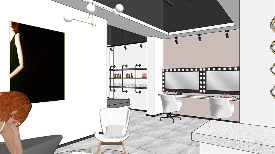 Modern Beauty and Hair Salon Interior with Vanity Mirrors Styling Chairs and Product Shelves 3d model 