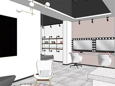 Modern Beauty and Hair Salon Interior with Vanity Mirrors Styling Chairs and Product Shelves 3d model