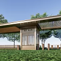 Modern Entrance Gate Design With Pergola Roof Green Lawn And Trees