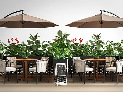 Outdoor Patio Table With White Chairs Two Umbrellas And Lush Green Plants With Red Flowers 3d model