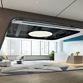Modern Office Reception Area with Large Windows Sofa Chair Geometric Carpet and Green Plants