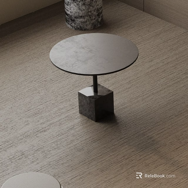 Circular Modern Side Table with Smooth Round Top and Dark Cube Base on Textured Carpet 3d model