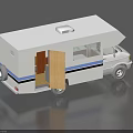 White Mobile Food Truck With Open Door Blue Stripes And Interior View