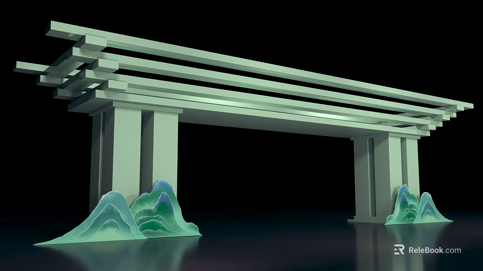 Traditional Architectural Structure with White Beams Columns and Green Wave Decorations 3d model 