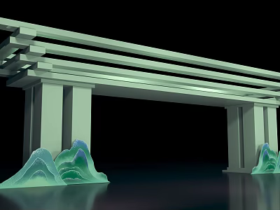 Traditional Architectural Structure with White Beams Columns and Green Wave Decorations 3d model