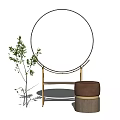Modern Dressing Table With Golden Stand Round Mirror Brown Stool And Green Plant