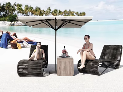 Outdoor Beach Lounge Chairs With Umbrella Wooden Table And Palm Trees 3d model