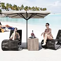 Outdoor Beach Lounge Chairs With Umbrella Wooden Table And Palm Trees