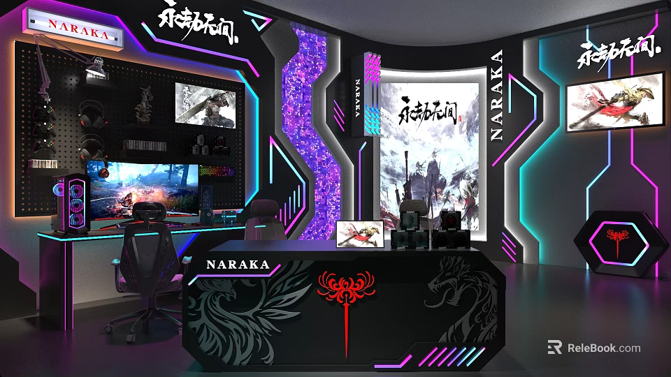 Gaming Themed Public Workspace with Neon Lights Multiple Screens and Gaming Chairs 3d model 