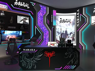 Gaming Themed Public Workspace with Neon Lights Multiple Screens and Gaming Chairs 3d model