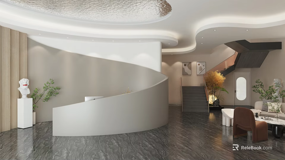 Modern Beauty Salon Interior Featuring Spiral Reception Desk Gray Marble Flooring Curved Ceiling Green Plants 3d model 
