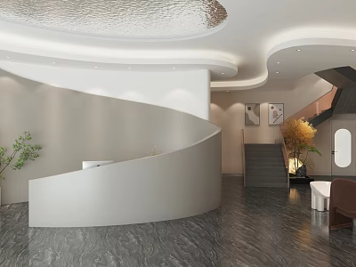 Modern Beauty Salon Interior Featuring Spiral Reception Desk Gray Marble Flooring Curved Ceiling Green Plants 3d model