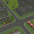 Scenic Garden Landscape With Greenhouses Paths Lawns Trees Produce Stalls And People Walking
