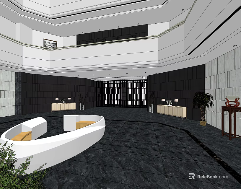 Modern Shopping Mall Lobby With Spacious Interior Black Marble Floor And White Curved Seating 3d model 