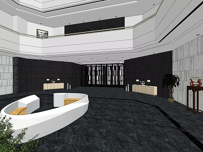 Modern Shopping Mall Lobby With Spacious Interior Black Marble Floor And White Curved Seating 3d model