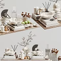 Decorative Ornament Set With Ceramic Bowls White Vases Stacked Books And Green Apples