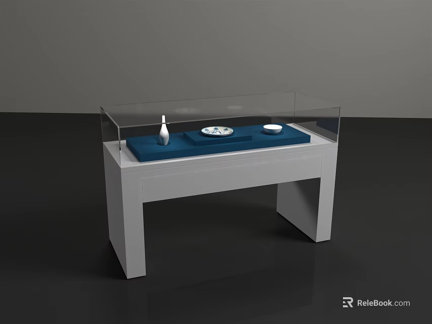 White Display Cabinet With Transparent Glass Cover And Blue Pad For Decorative Items 3d model 