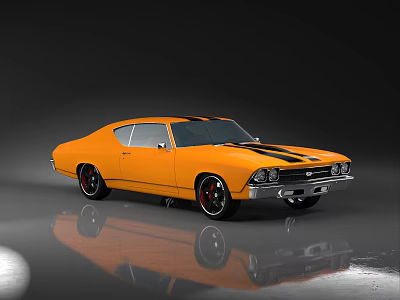Orange Classic Muscle Car With Black Racing Stripes And Shiny Black Wheels On Reflective Floor 3d model