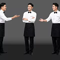 Three Male Waiters In White Shirts And Black Aprons With Different Poses
