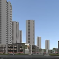 Modern Commercial Street With High Rise Buildings Shops Green Trees And Urban Architecture