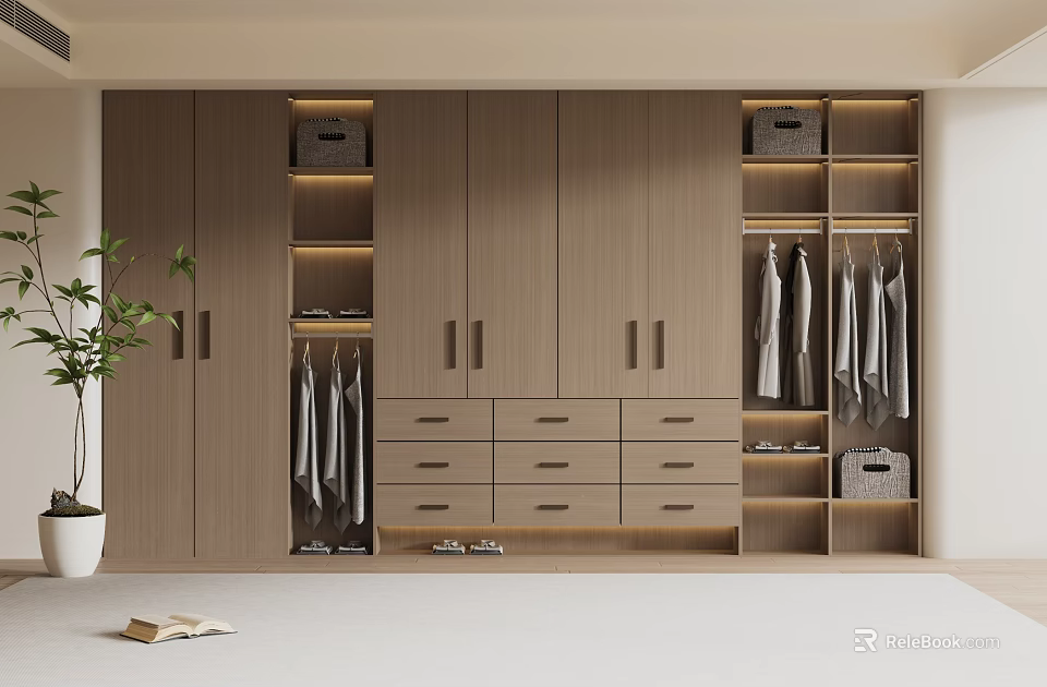 Modern Wooden Wardrobe Interior Design With Drawers Hanging Rods Shelves And Storage Boxes 3d model 
