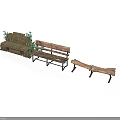 Wooden Garden Furniture Set Including Benches And Planter Box With Green Plants