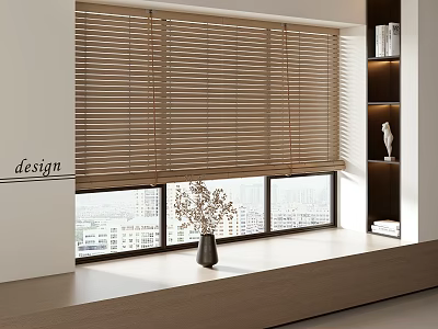 Light Brown Wooden Window Blinds In Modern Interior With City View And Vase 3d model