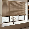 Light Brown Wooden Window Blinds In Modern Interior With City View And Vase