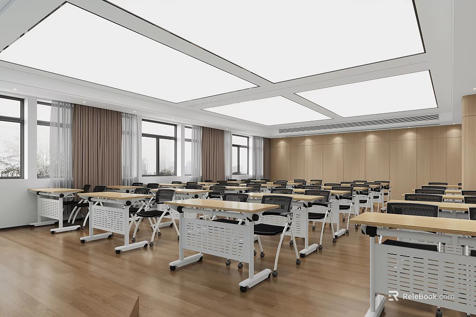 Spacious Modern Conference Room Interior With Neatly Arranged Tables Chairs Wooden Flooring Windows And Curtains 3d model 