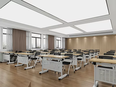 Spacious Modern Conference Room Interior With Neatly Arranged Tables Chairs Wooden Flooring Windows And Curtains 3d model