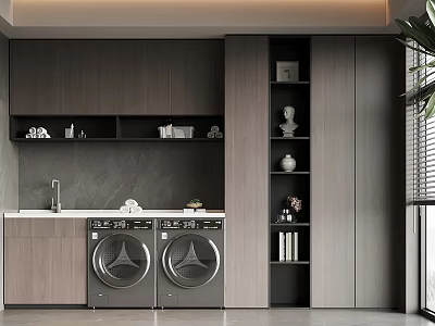 Modern Laundry Room Interior With Wooden Cabinets Two Washing Machines Gray Walls And Shelves 3d model
