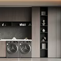 Modern Laundry Room Interior With Wooden Cabinets Two Washing Machines Gray Walls And Shelves