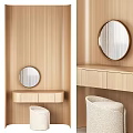 Light Wood Dressing Table With Round Mirror Drawers And Upholstered Stool 3d model