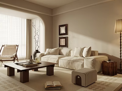 Cozy Beige Living Room With L Shaped Sofa Throw Pillows And Wooden Coffee Table 3d model