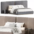 Modern Double Bed With Striped Headboard Light Colored Bedding And Wooden Nightstand