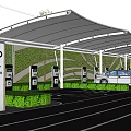 Modern Parking Lot with Green Hedge Canopy Covered EV Charging Stations and White Parking Lines