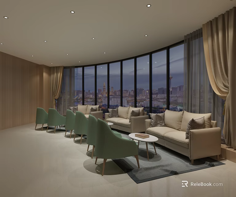 Modern Lounge Area With Beige Sofa Green Chairs Large Windows And City Skyline View 3d model 