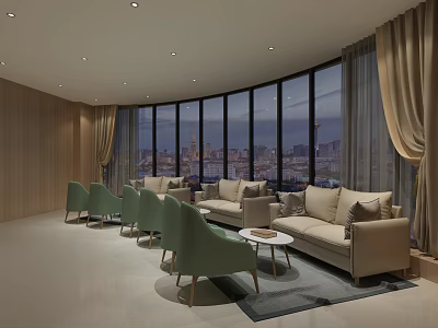 Modern Lounge Area With Beige Sofa Green Chairs Large Windows And City Skyline View 3d model