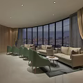Modern Lounge Area With Beige Sofa Green Chairs Large Windows And City Skyline View