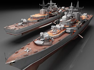 Two Detailed Warship Models With Deck Structures And Military Equipment 3d model
