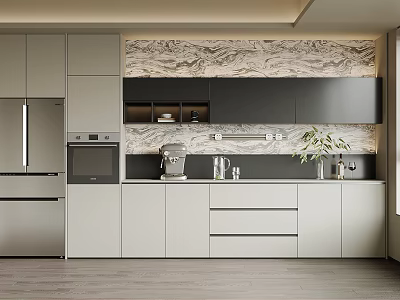 Modern Kitchen Sideboard With Marble Backsplash Gray Cabinets Appliances And Plants 3d model