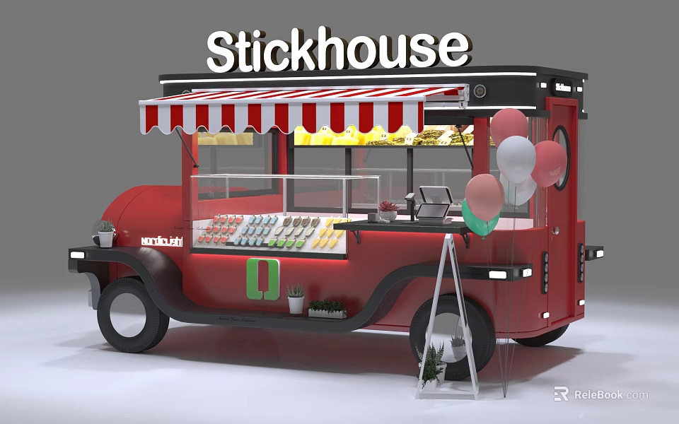 Red Stickhouse Mobile Food Cart With Striped Awning Drink Display And Balloons 3d model 