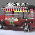 Red Stickhouse Mobile Food Cart With Striped Awning Drink Display And Balloons