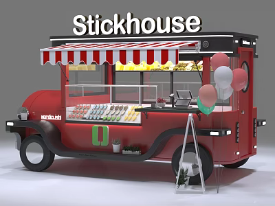 Red Stickhouse Mobile Food Cart With Striped Awning Drink Display And Balloons 3d model