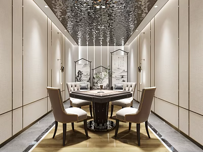 Elegant Hotel Mahjong Room Interior With Modern Lighting And Comfortable Chairs 3d model