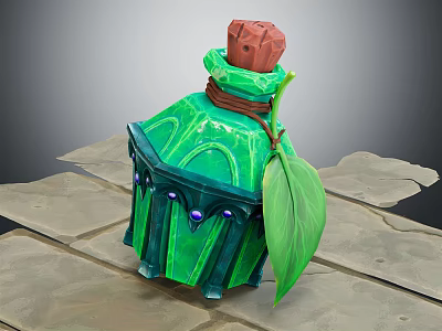 Stylish Green Wine Bottle and Glass with Brown Cork Green Leaf on Stone Slab Surface 3d model