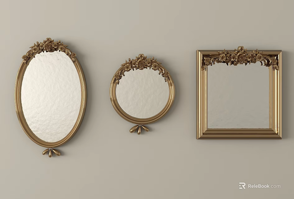 Three Golden Decorative Mirrors with Ornate Frames in Oval Round and Square Shapes 3d model 